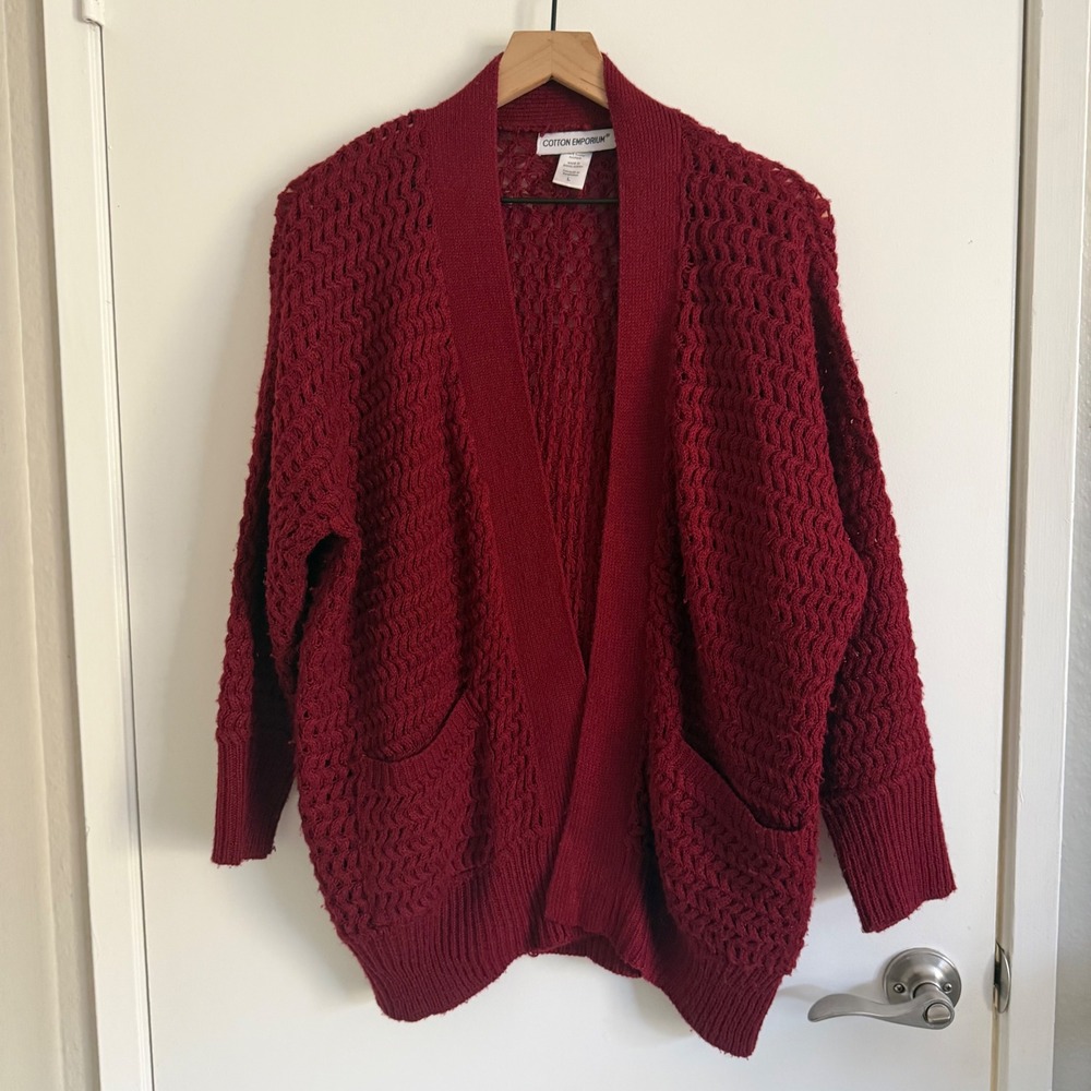 Cotton Emporium Burgundy Open Front Knit Cardigan Sweater Cozy DarkCottagecore